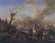 Philips Wouwerman Heranziehender Soldatentrob mit Marketenderinnen und Kindern, ein Bauerngehoft plundernd oil painting picture wholesale